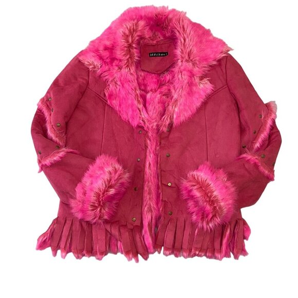 Pink Faux Fur Trimmed women Jacket Fringe & Studs Small western cowgirl Barbie - Picture 12 of 16